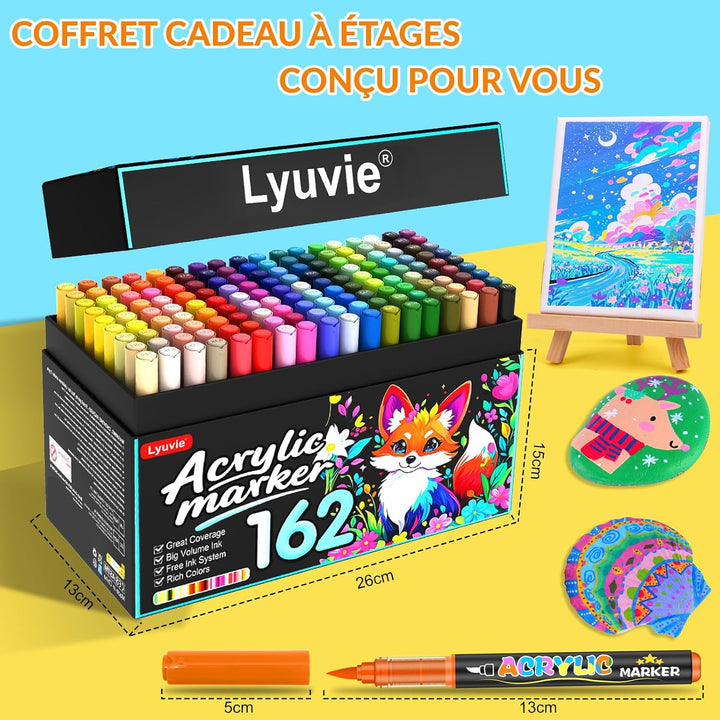 Lyuvie 162 Farben Acrylstifte für Steine WasserfestSet, Permanente Acrylic Paint Brush Marker Acryls