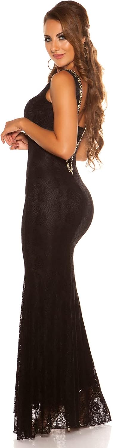 Glamour Strass V-Neck Maxi Silvester Spitzen Kleid XL Schwarz, XL Schwarz