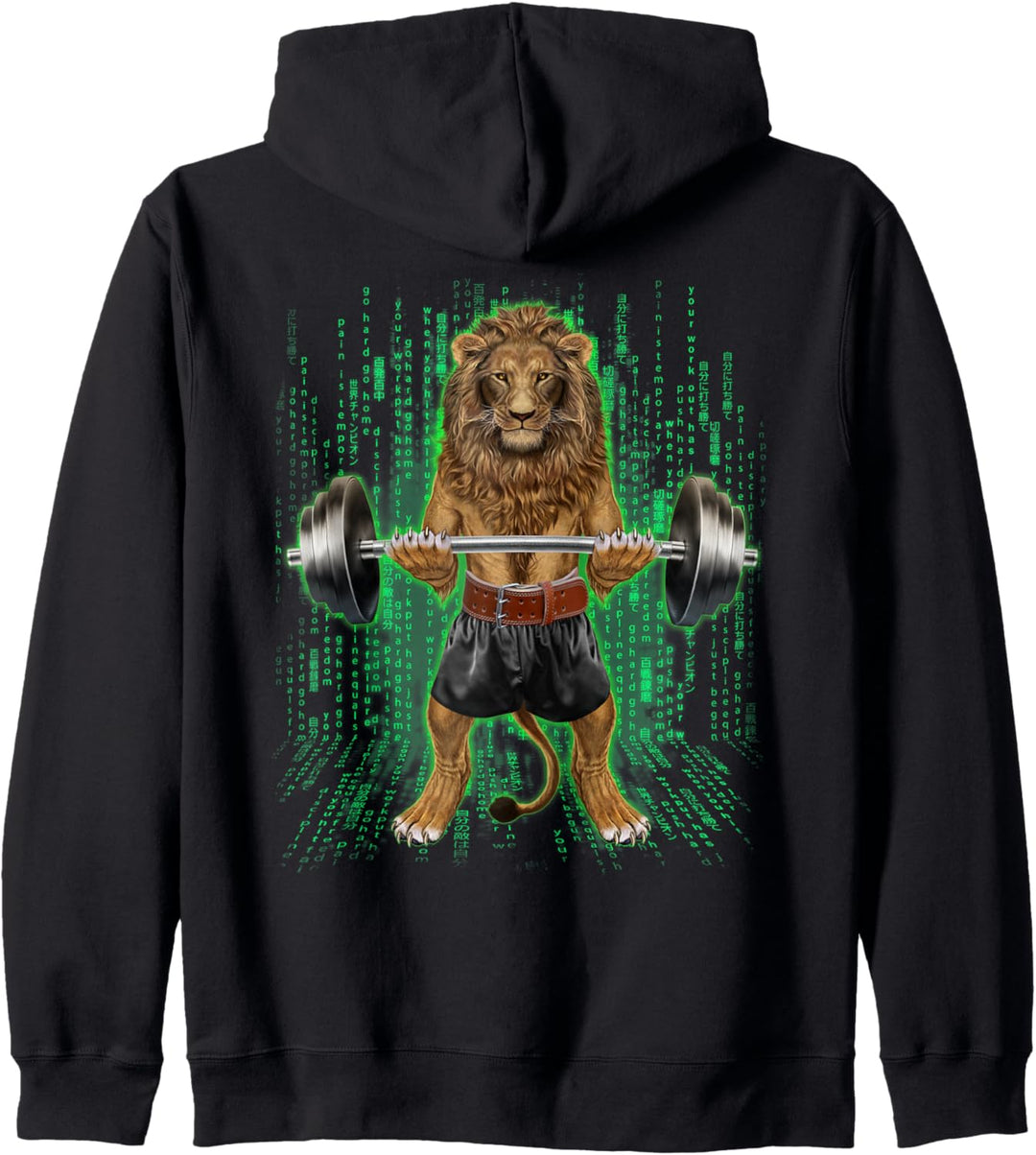 Löwe, der Gewichte im Cyber-Fitnessstudio hebt Kapuzenjacke