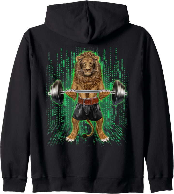 Löwe, der Gewichte im Cyber-Fitnessstudio hebt Kapuzenjacke
