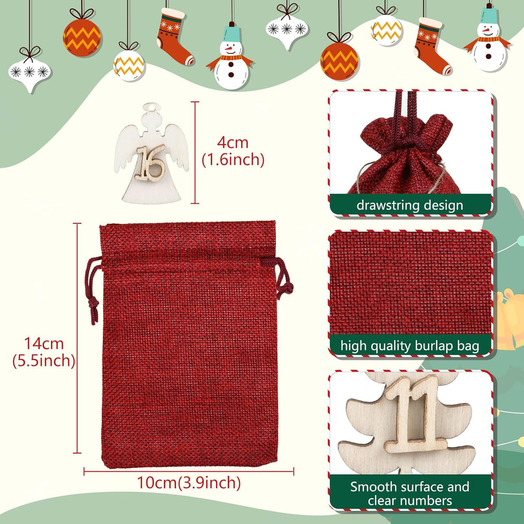 Naler 24 x Jutesäckchen Adventskalender Stoffbeutel mit Zahlen Holzanhänger Jute Beutel Säckchen für