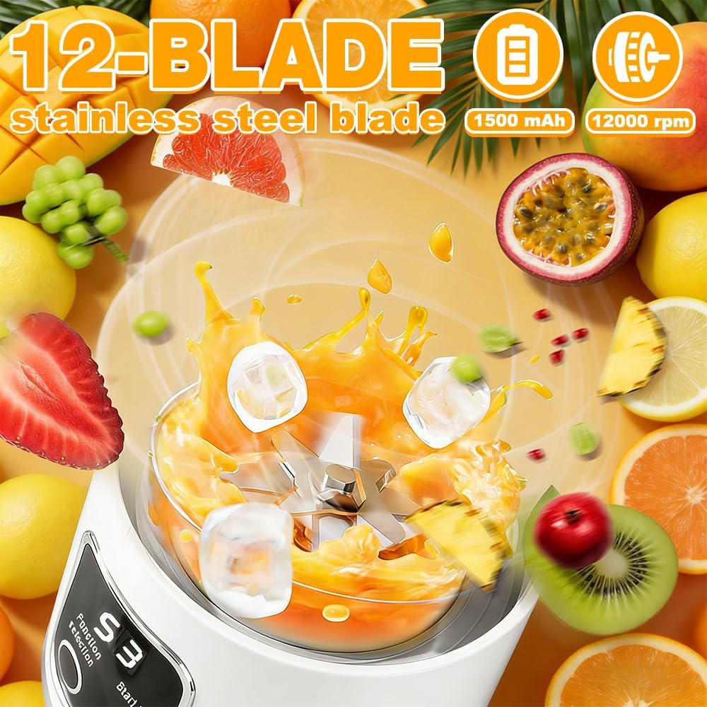 Mixer Smoothie Maker To Go, 450ML Tragbarer Mixer, 1500mAh Portable Blender mit LED 12 Klingen, Mini
