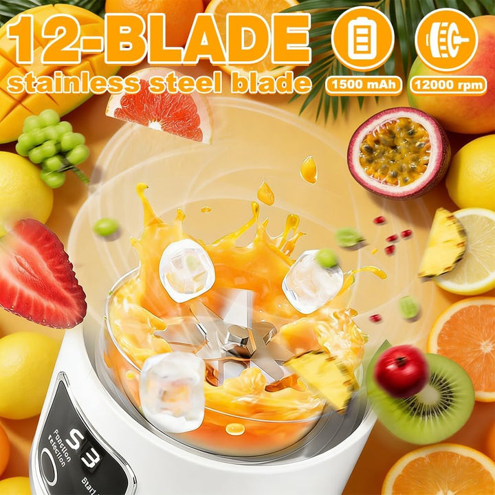 Mixer Smoothie Maker To Go, 450ML Tragbarer Mixer, 1500mAh Portable Blender mit LED 12 Klingen, Mini