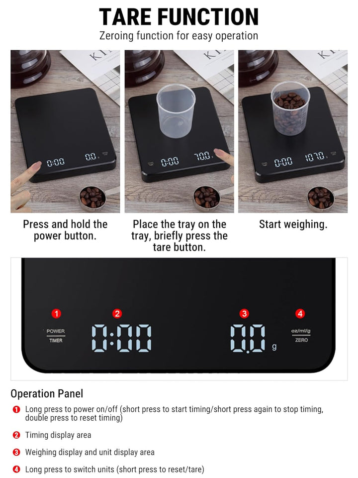 VOBOR Kaffeewaage mit Timer 3kg/0.1g, Automatischen und Manuellen Zeitmessungsmodus, Wiederaufladbar