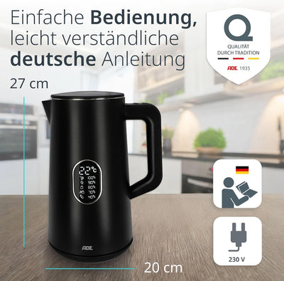 ADE Energiesparender Wasserkocher mit Temperatureinstellung 40-100°C | 1,5 l | Edelstahl | BPA-frei