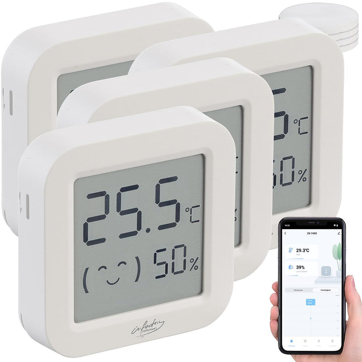 infactory Temperaturmessgerät: 4er-Set Mini-Thermo-/Hygrometer, Komfort-Anzeige, LCD, Bluetooth, App