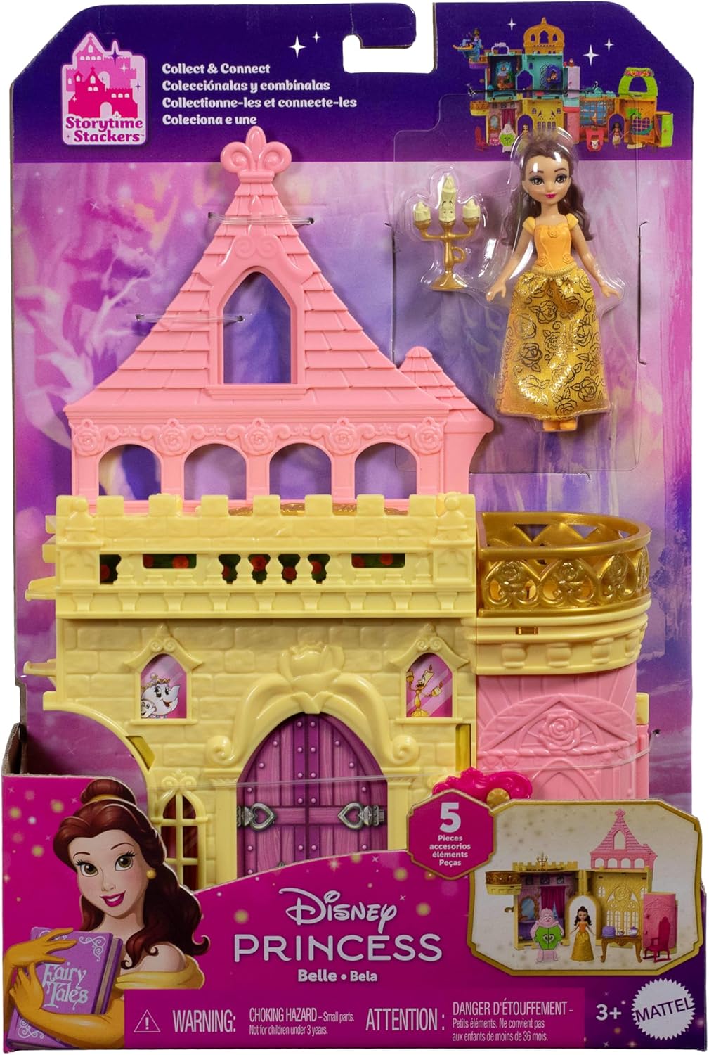 Mattel Disney Prinzessin-Spielzeug, Belles Stapelschloss Puppenhaus-Spielset mit kleiner Puppe und 9