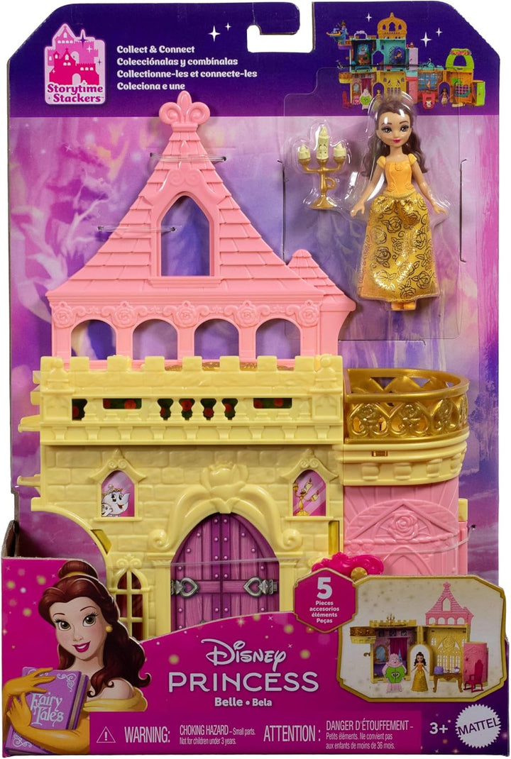 Mattel Disney Prinzessin-Spielzeug, Belles Stapelschloss Puppenhaus-Spielset mit kleiner Puppe und 9