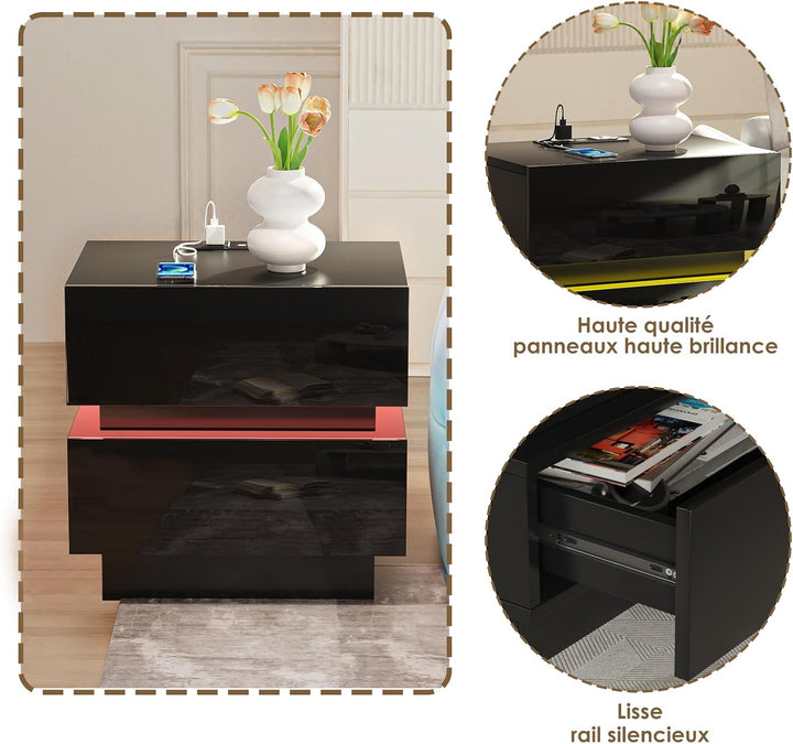 PIPIPOXER Nachttisch mit Steckdose LED-Beleuchtung, Beistelltisch, einstellbare 16 Farben, Sofatisch