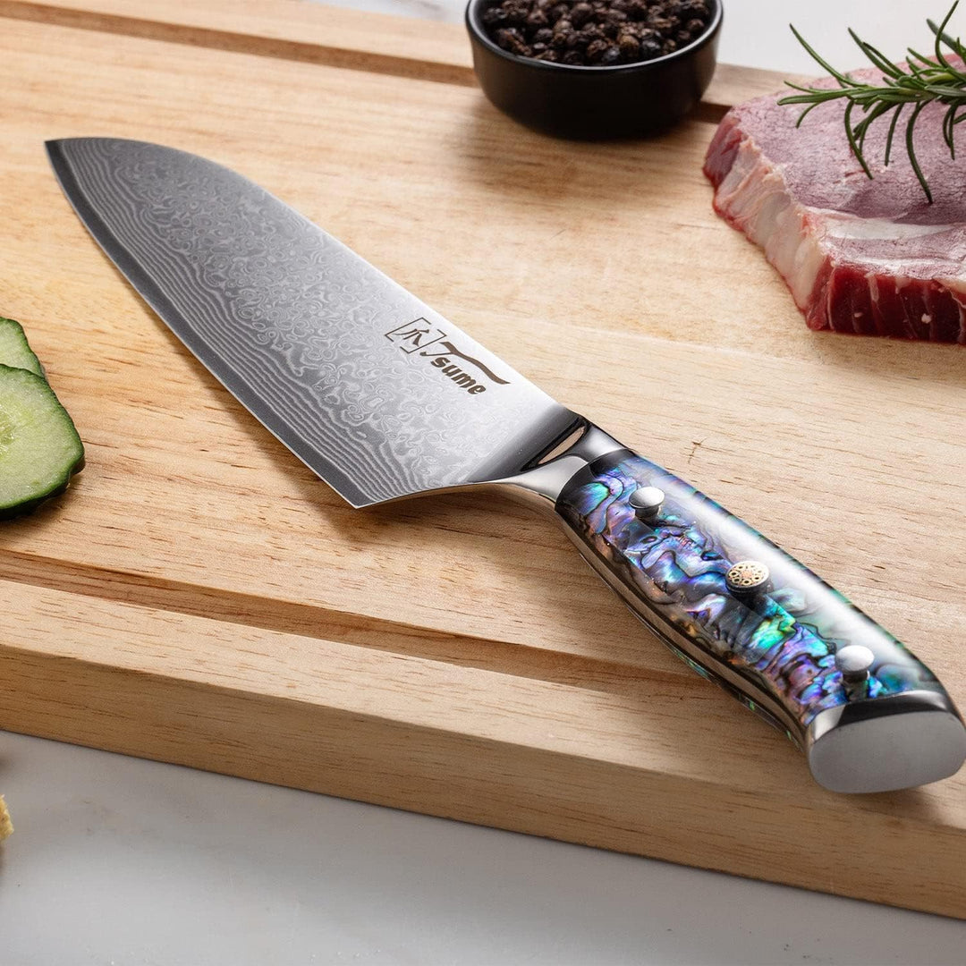 Tsume Santoku Messer Abalone, Klingenlänge 19cm, Echtes Damast Küchenmesser mit Perlmuttplatten, 67