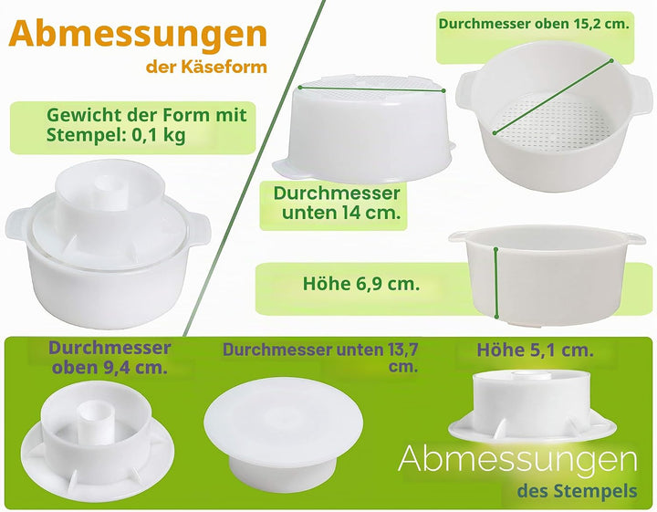 Käseherstellungsset – 1,2-l-Käseform mit Folgekolben und Baumwollgaze – Käseherstellungskorb – Panee
