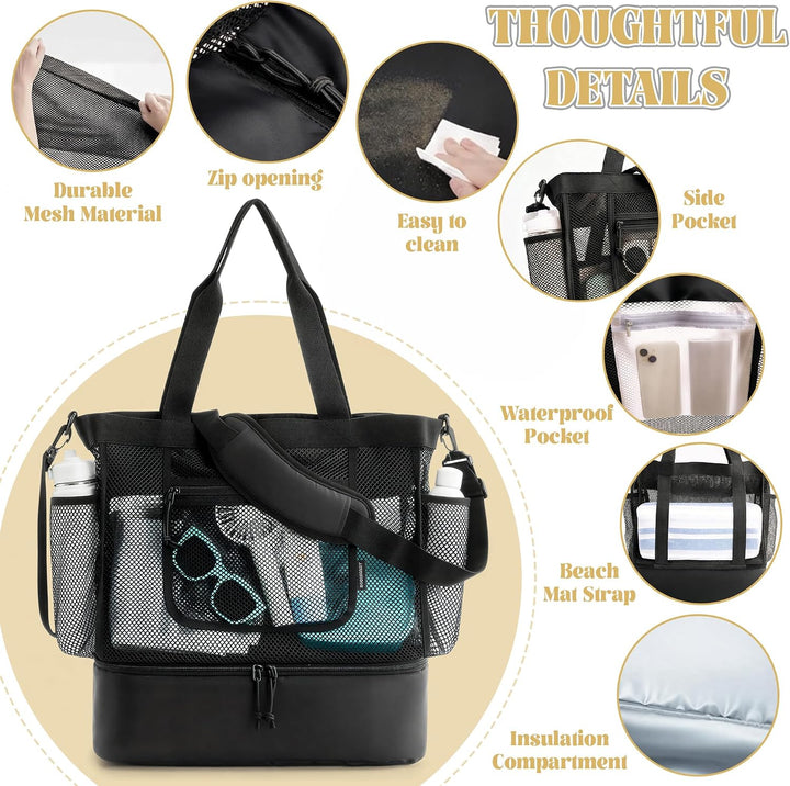 Strandtasche mit Kühlfach - Grosse Mesh Beach Bag wasserdicht mit Reissverschluss &amp; Fächern, Abnehmb