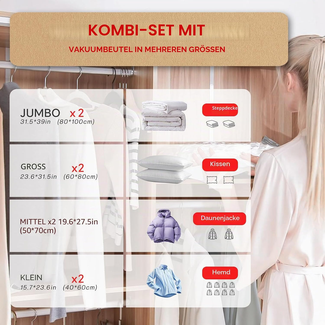Vakuumbeutel für Kleidung mit Elektrischer Luftpumpe, 8er Pack (2klein/2mittel/2gross/2Jumbo), Wiede