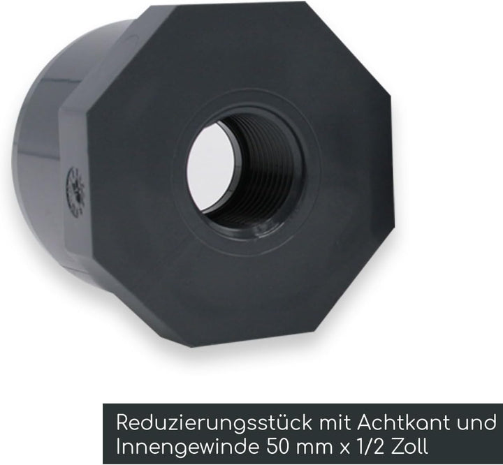 Pool Entleerungsset 50mm I 9-teilig mit T-Stück, Reduzierung 1/2 Zoll IG und Ablasshahn 1/2 Zoll AG