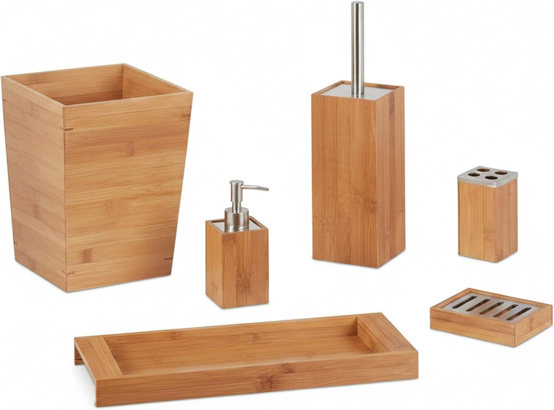 Relaxdays Bad Set, 6-teilig, Bambus, Seifenspender, Seifenhalter, Bürstenhalter, Zahnputzbecher, Abl