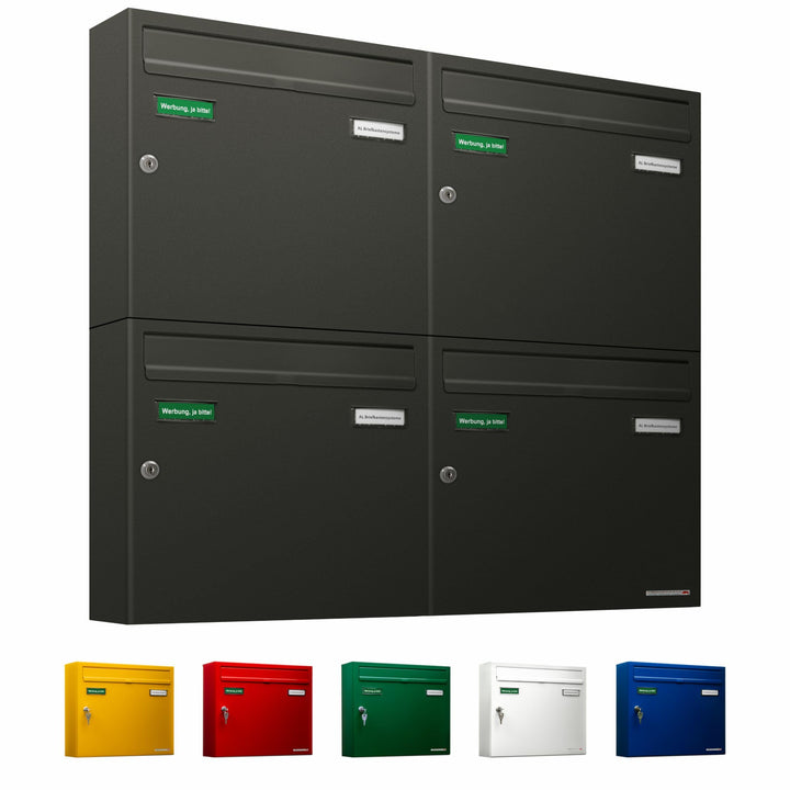 AL Briefkastensysteme Basic 4er Briefkasten DB 703 Eisenglimmer Grau 4 Fach DIN A4 wetterfest Briefk