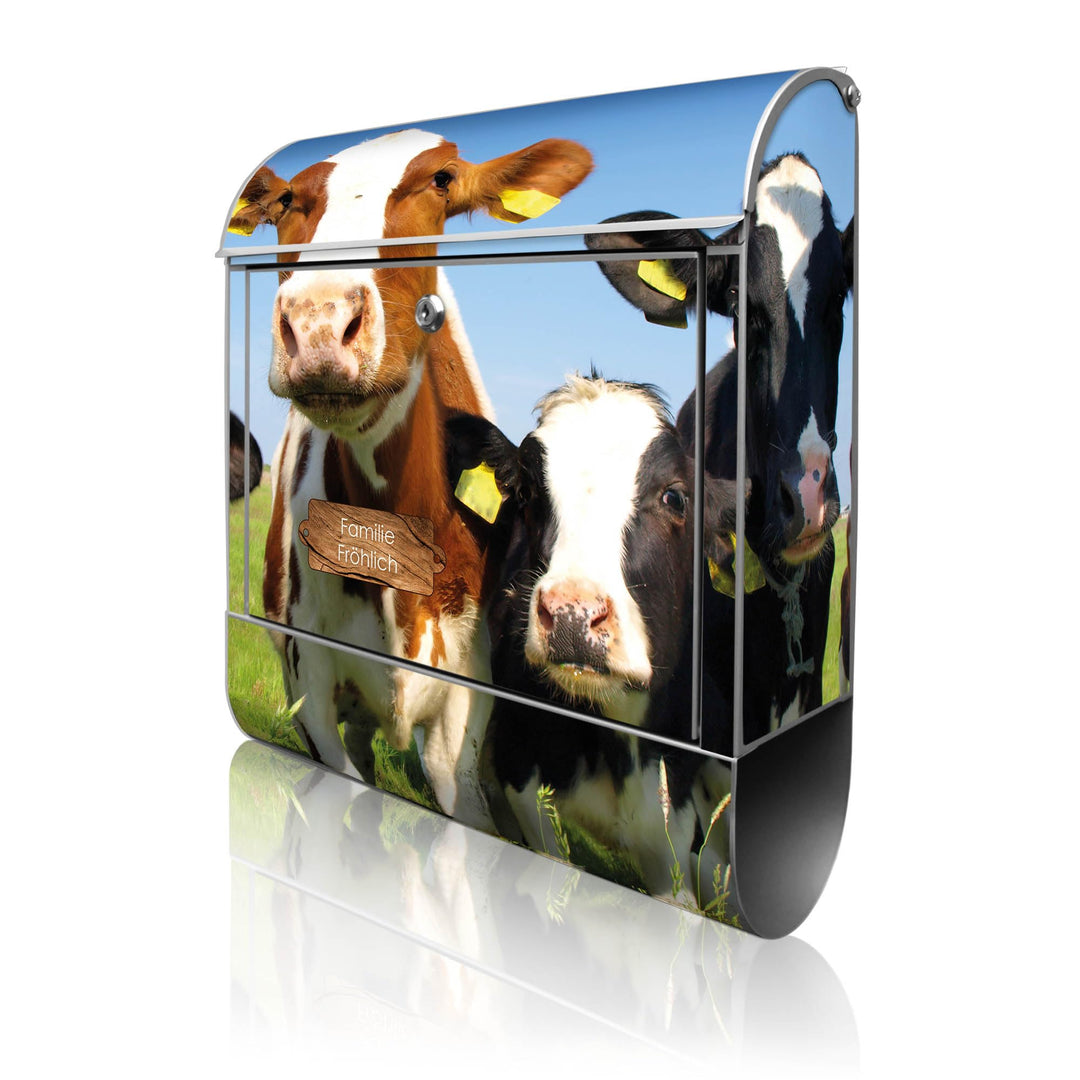 banjado® Design Briefkasten personalisiert Kühe 38,5x46,5x13cm & 2 Schlüssel - Briefkasten Stahl Sil
