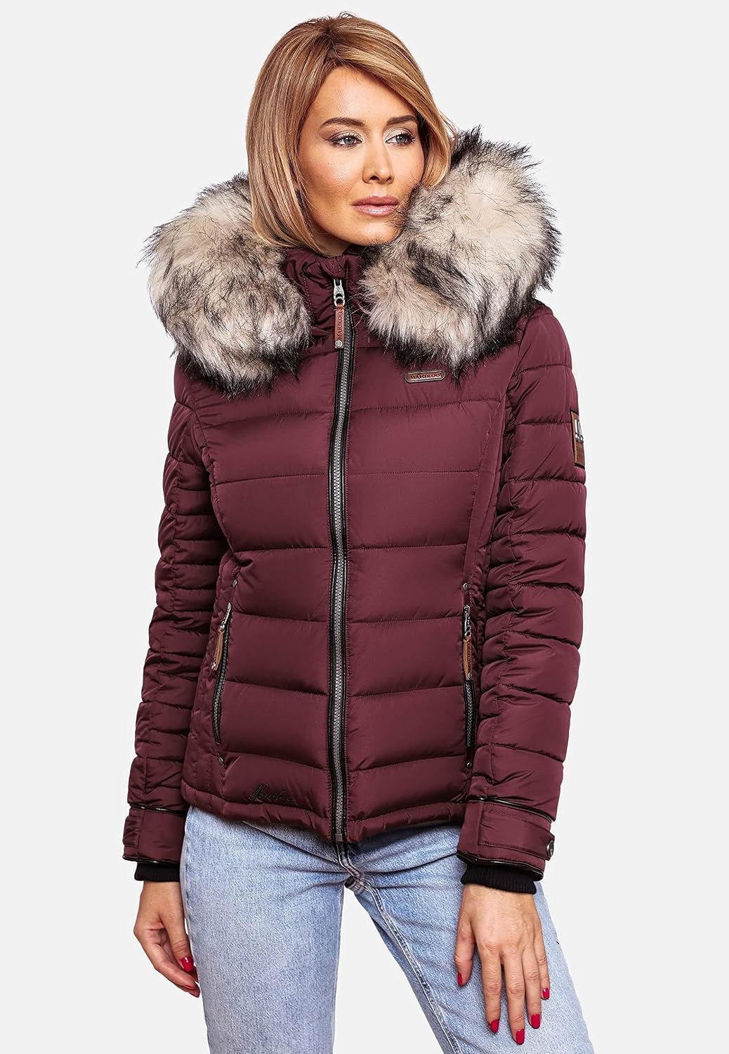 MARIKOO Damen Winterjacke Steppjacke mit abnehmbarem Kunstfell Lerikaa XS-3XL L Wine, L Wine