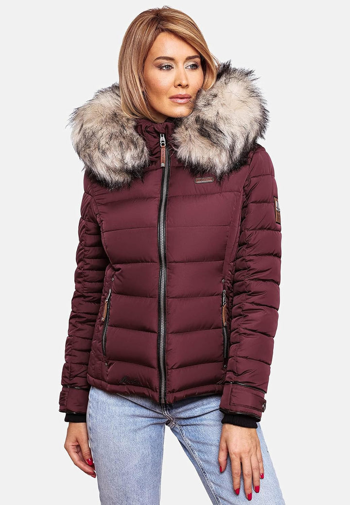 MARIKOO Damen Winterjacke Steppjacke mit abnehmbarem Kunstfell Lerikaa XS-3XL L Wine, L Wine