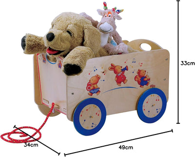 Dida - Holzwagen mit Rädern für Gegenstände und Kinderspielzeug. Dekoration: musizierende Tiere. Lei