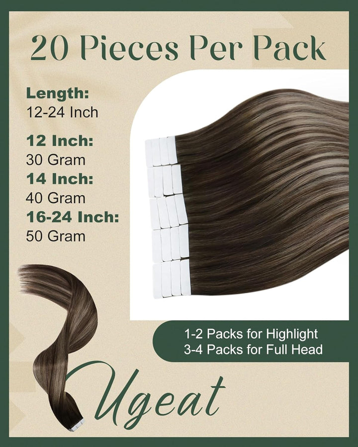 Ugeat Tape in Extensions Echthaar Dunkelbraun 35 cm Remy Balayage Tape in Extensions Ombre Braun Asc