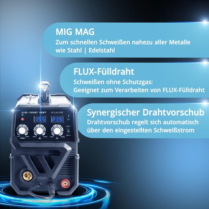 STAHLWERK MIG 155 ST IGBT - MIG MAG Schutzgas Schweissgerät mit 155 Ampere, FLUX Fülldraht geeignet,