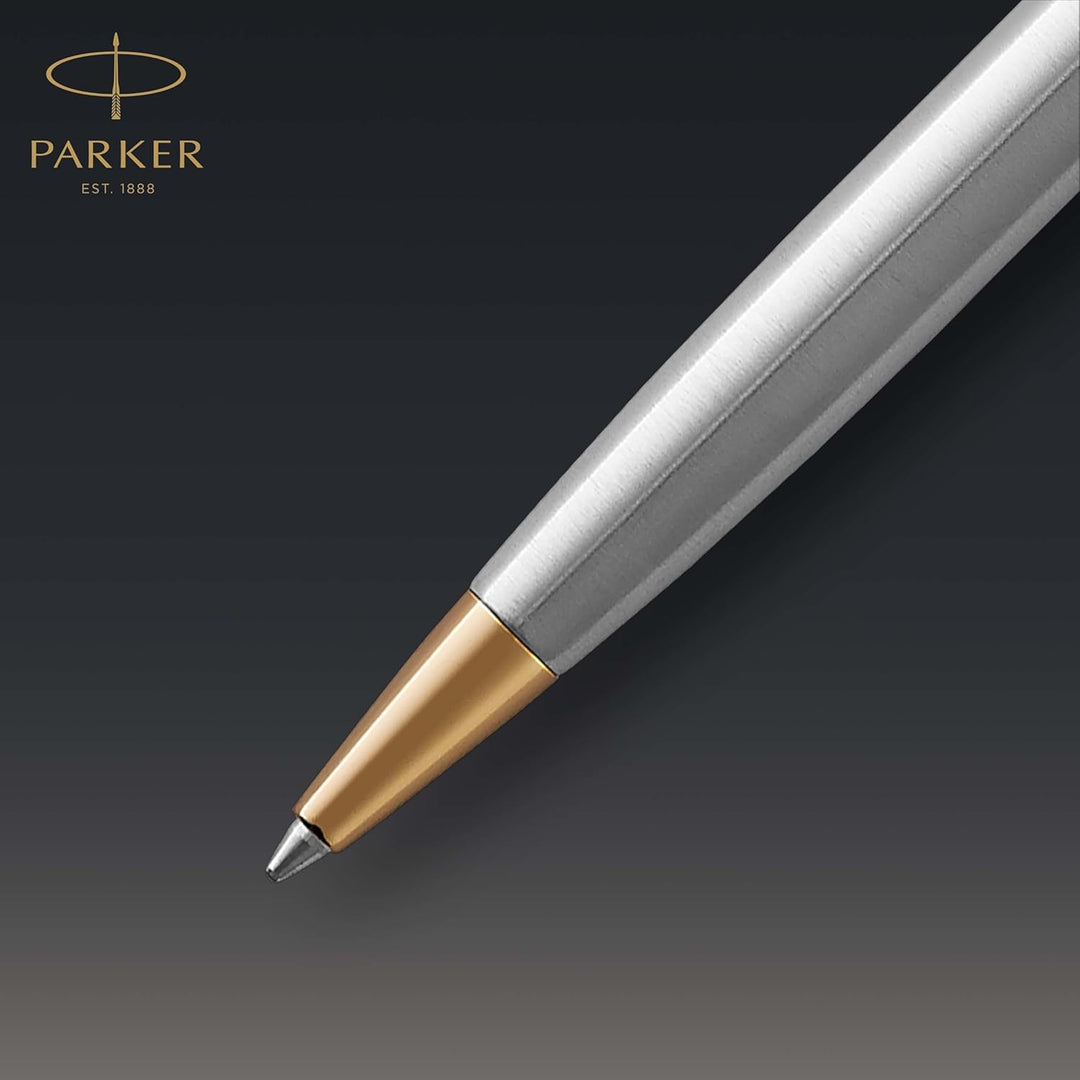 Parker Sonnet Kugelschreiber | Edelstahl mit Goldzierteilen | Mittlere Spitze | schwarze Tinte | Ges