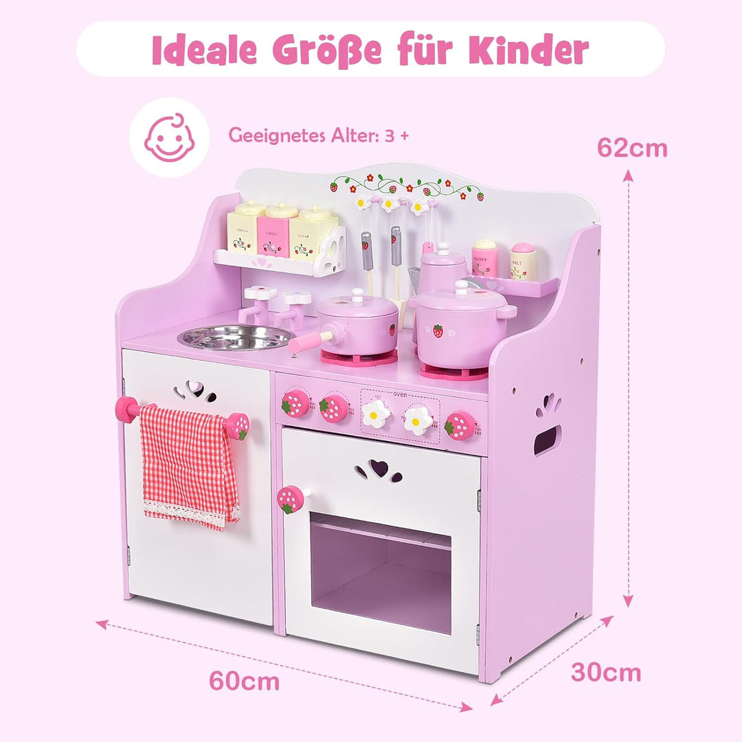DREAMADE Kinderküche Spielküche aus Holz mit Spielzubehör, Kinderspielküche mit Waschbecken Herd Bac