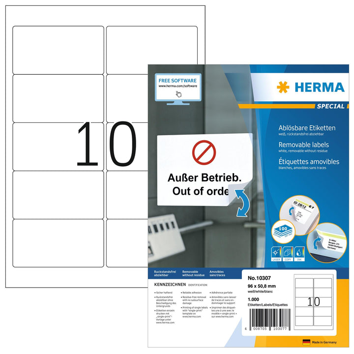 HERMA 10307 Universal Etiketten ablösbar, 100 Blatt, 96 x 50,8 mm, 10 Stück pro A4 Bogen, 1000 Aufkl