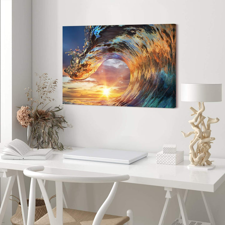 PICANOVA – Bild auf Leinwand Wellen-Sonnenuntergang 60x40cm – Leinwandbild – Premium Leinwanddruck –