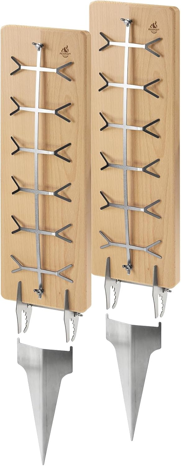 Flammlachsbrett Premium Doppelpack Buchenholz Edelstahlhalterung mit Erdsporn verstellbar für Grill