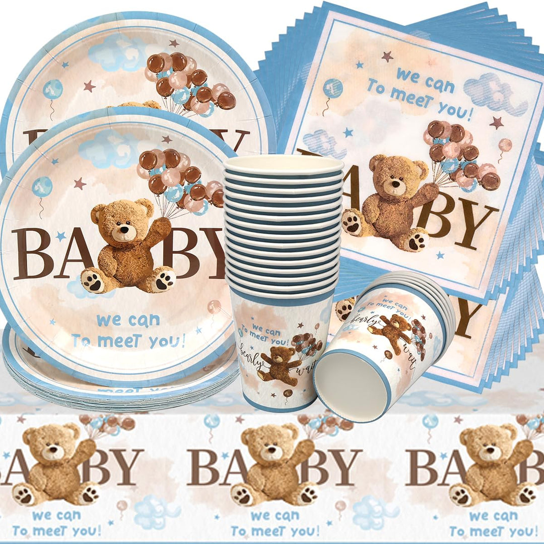 Doyomtoy Plüschbär Partygeschirr, 61 Stück Bärchen Geburtstag Deko Baby Geburtstag Bärs Tassen Servi