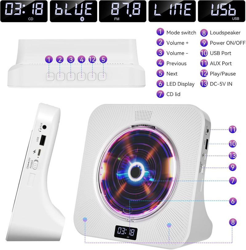 Qoosea Desktop CD Player Bluetooth CD-Spieler mit Lautsprechern für Zuhause Tragbarer CD-Player mit