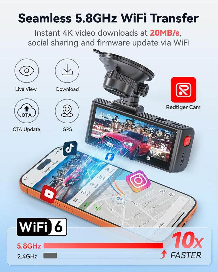 REDTIGER F7NA 4K Dashcam Vorne Hinten, STARVIS 2 IMX678 8MP Ultra HD Autokamera, 5.8GHz WLAN(20MB/s)