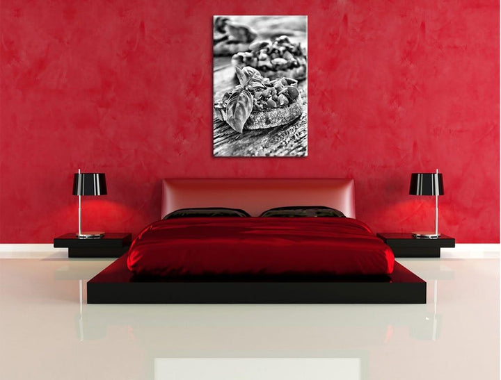 Pixxprint Monocrome, Köstliche Tomaten Bruchetta, Format: 100x70 auf Leinwand, riesige Bilder fertig