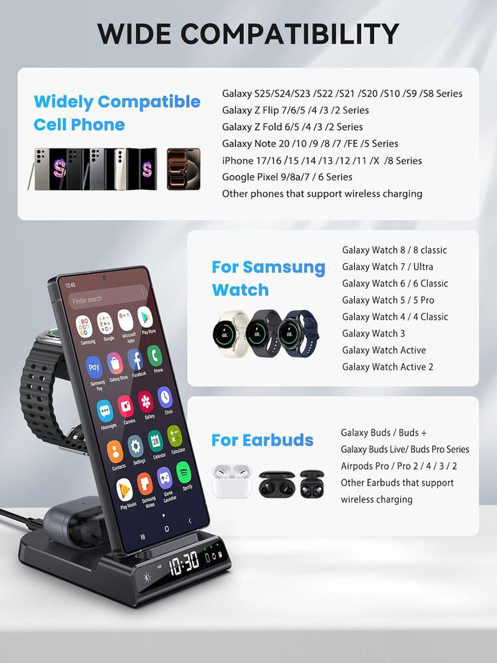 Wireless Charger für Samsung Galaxy S25 Ultra, Induktive Ladestation mit Digitaluhr für Samsung Gala