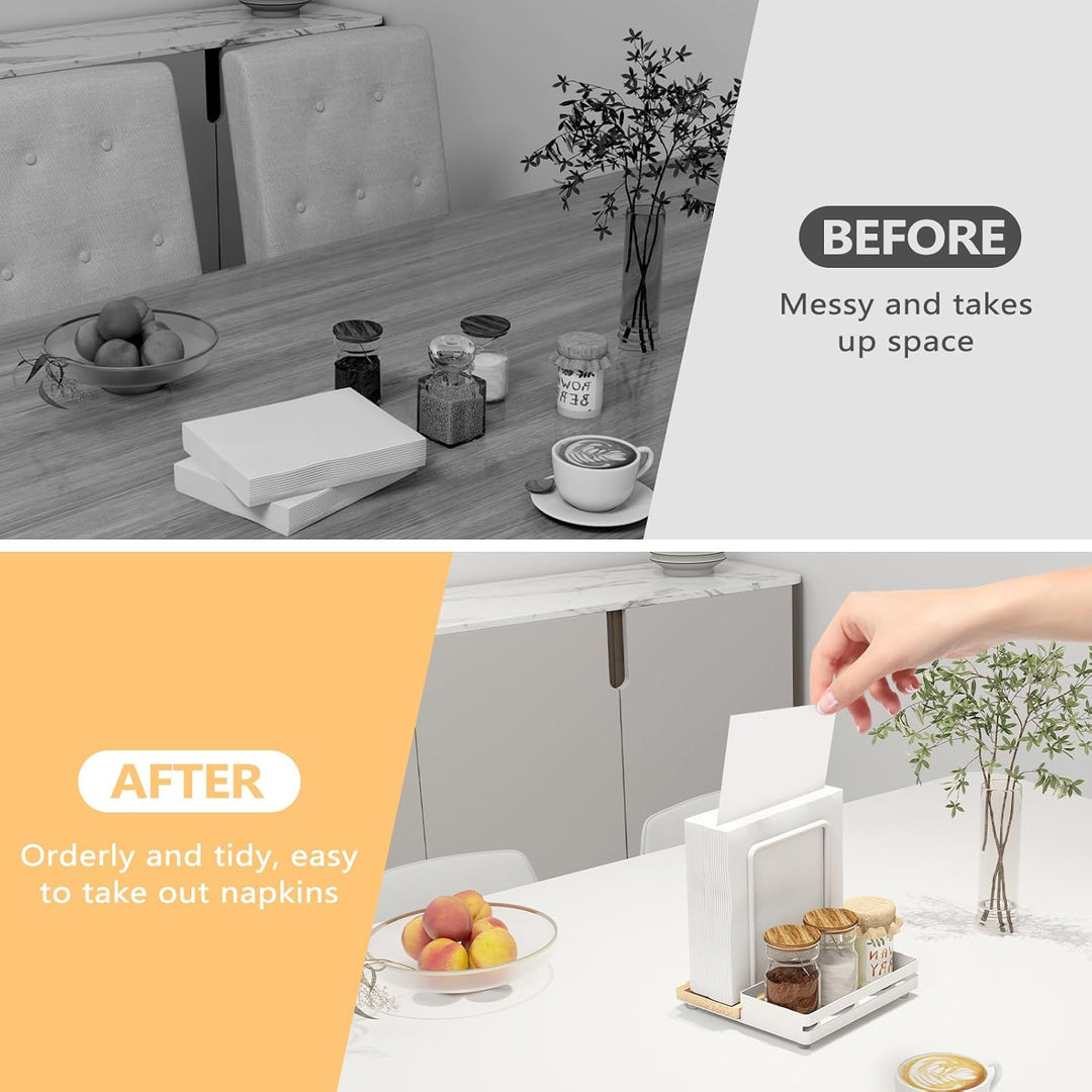 Serviettenhalter Weiss,Serviettenhalter aus Metall & Holz Serviettenspender mit Caddy für Tisch Küch