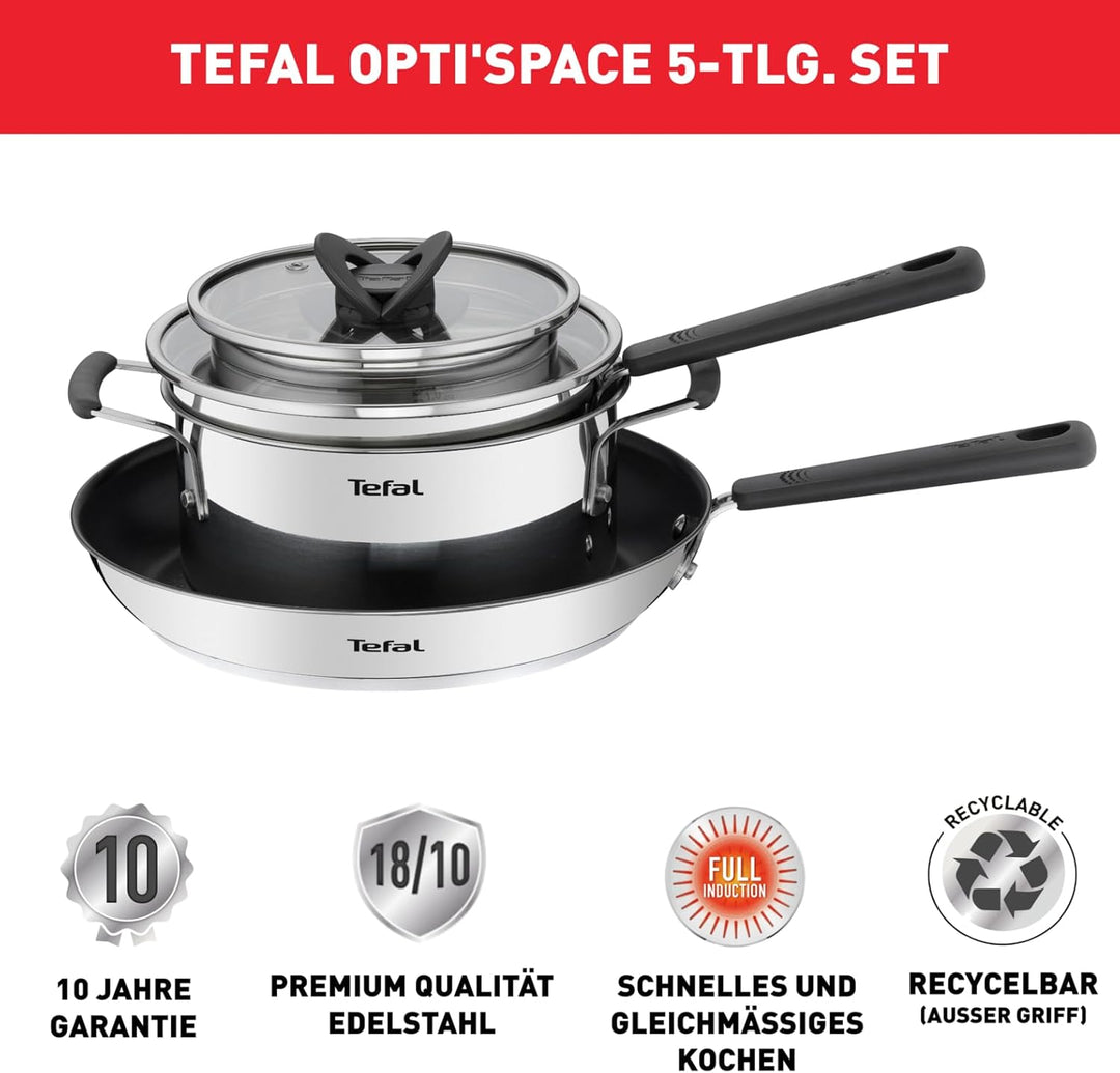Tefal G737S5 Opti'Space Topf- & Pfannenset 5-teilig | Stielkasserolle 16 cm (inkl. Deckel) | Kochtop