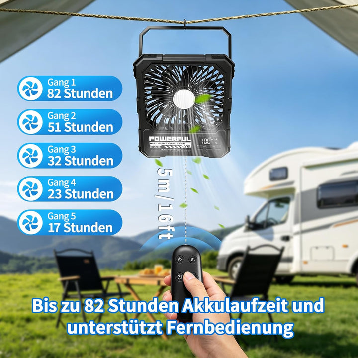 20000mAh Akku Camping Ventilator mit Lampe, 17-82 Std Laufzeit. Tragbarer Reise Ventilator mit Fernb