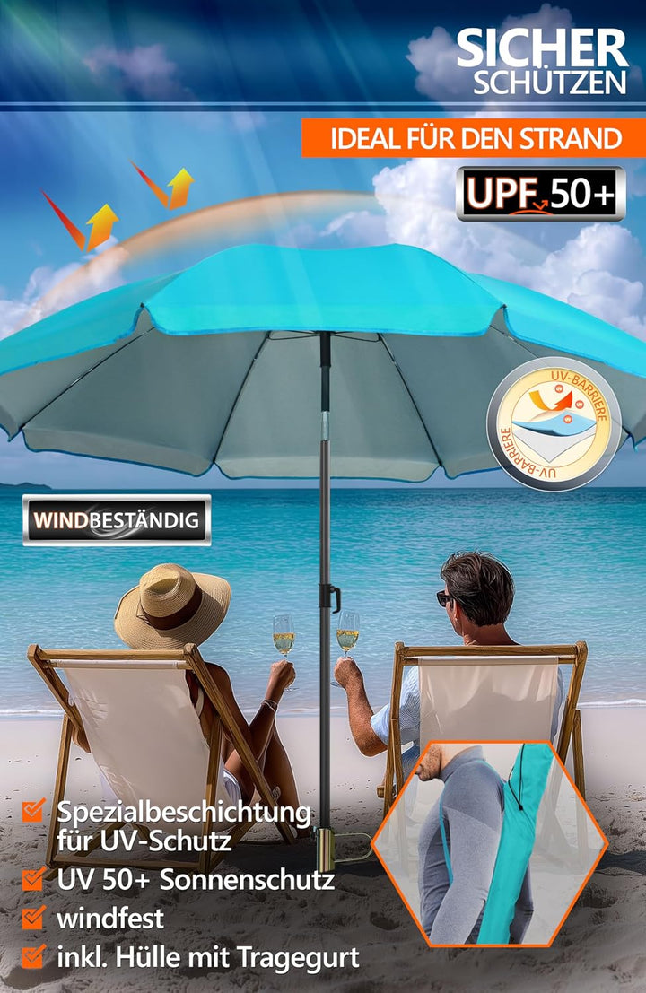 4smile Sonnenschirm Strand Ø 200 cm, 3-in-1 SET mit Rasendorn, Türkis | Strandschirm windfest stabil