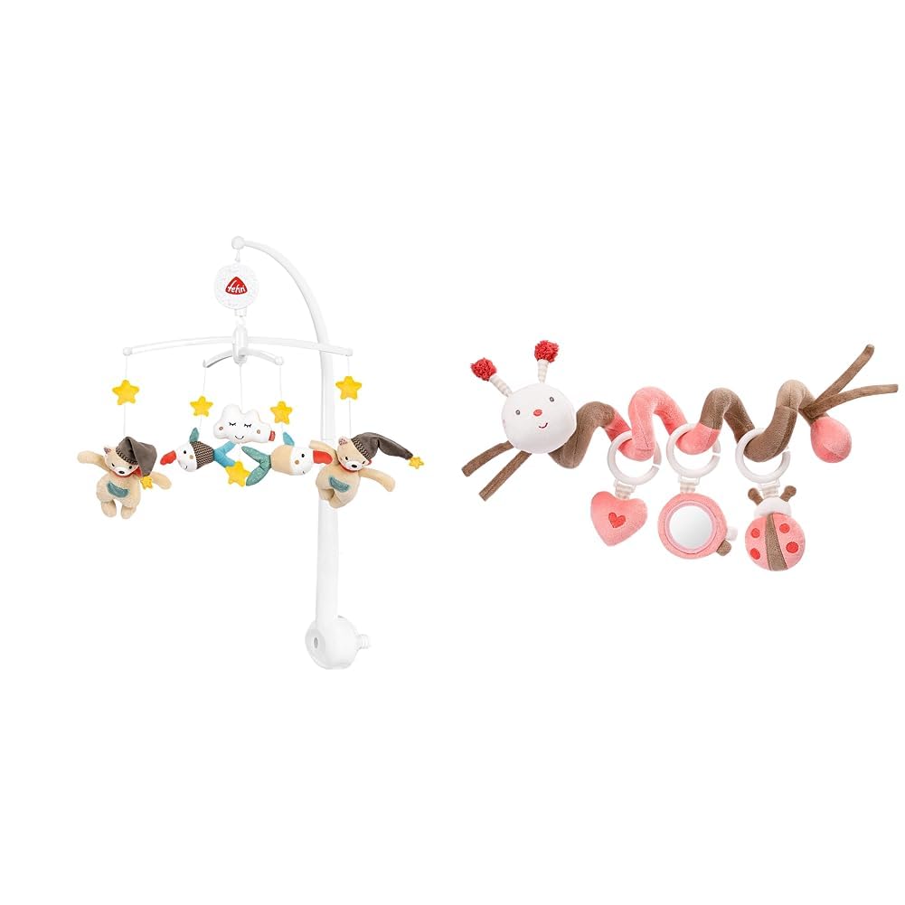 Fehn Musik Mobile Bruno - Baby Einschlafhilfe Musikspielzeug mit süssen Tieren &amp; Activity Spirale Bi