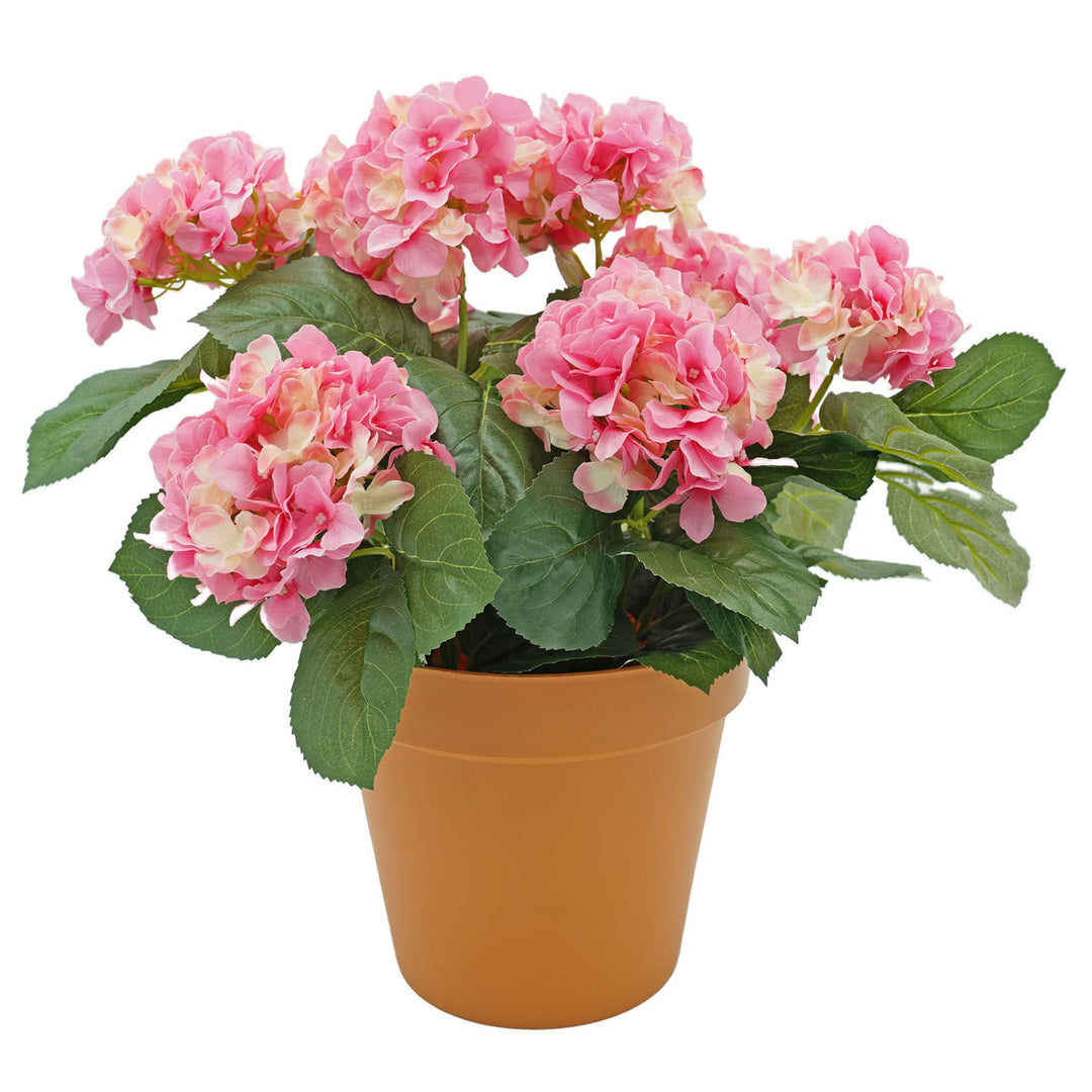 GreenBrokers Künstliche Hortensien in terrakottafarbenem Topf, 50 cm, Rosa Rose, Rose