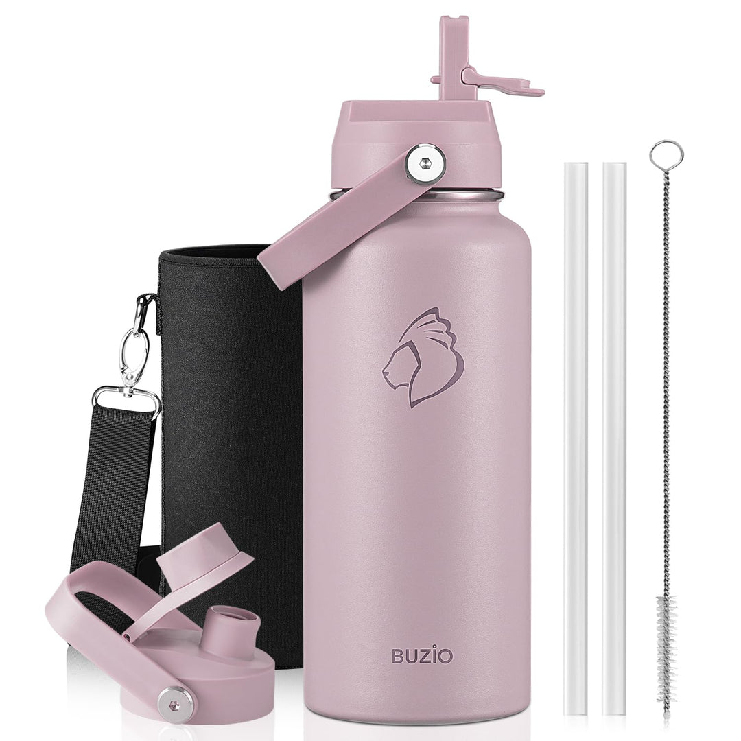 BUZIO 1L Isolierte Wasserflasche, Dreiwandige Vakuum-Edelstahl-Wasserflasche mit Strohdeckel, Auslau