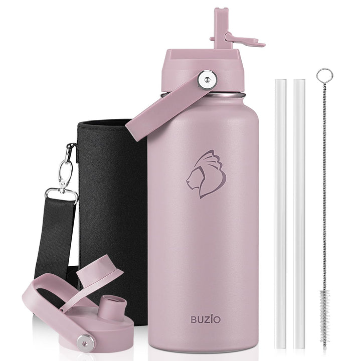 BUZIO 1L Isolierte Wasserflasche, Dreiwandige Vakuum-Edelstahl-Wasserflasche mit Strohdeckel, Auslau