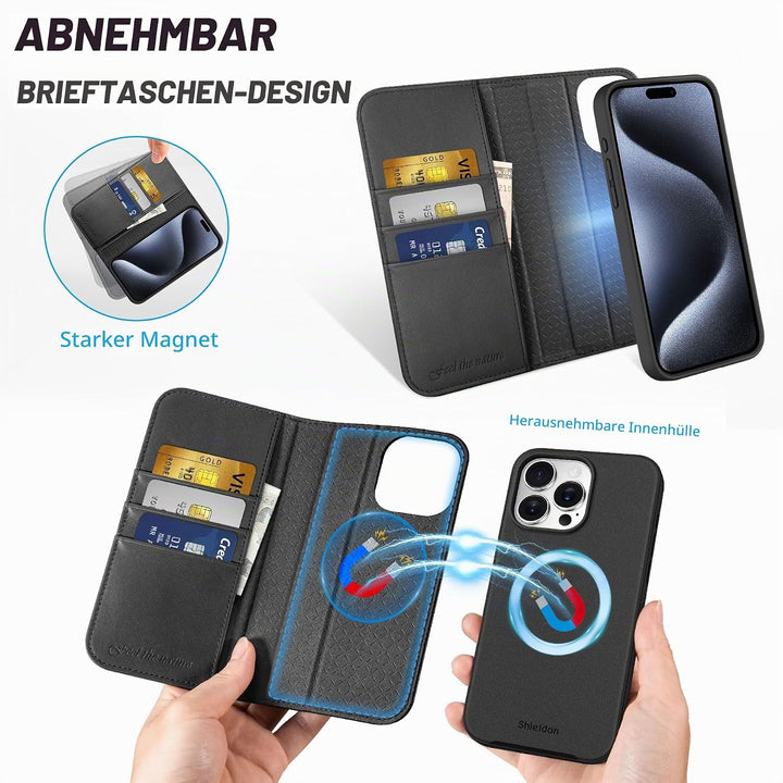SHIELDON Hülle für iPhone 15 Pro Max, Echtleder Handyhülle [Abnehmbar] [kabelloses Laden] [Kartenfac