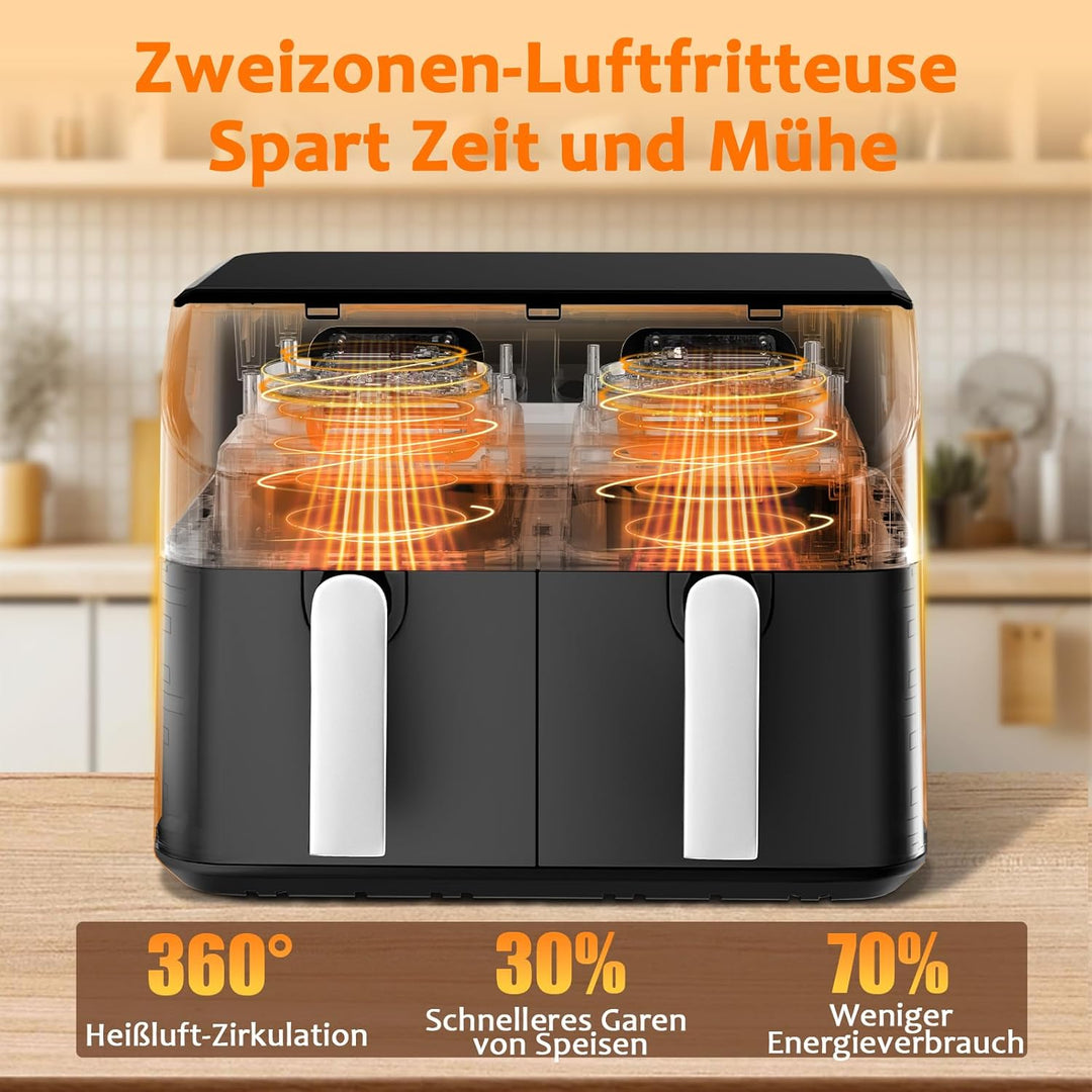 YASHE Dual Zone Heissluftfritteuse, 9L XL Kapazität Doppel-Airfryer mit Digital Control, 8-in-1 Koch