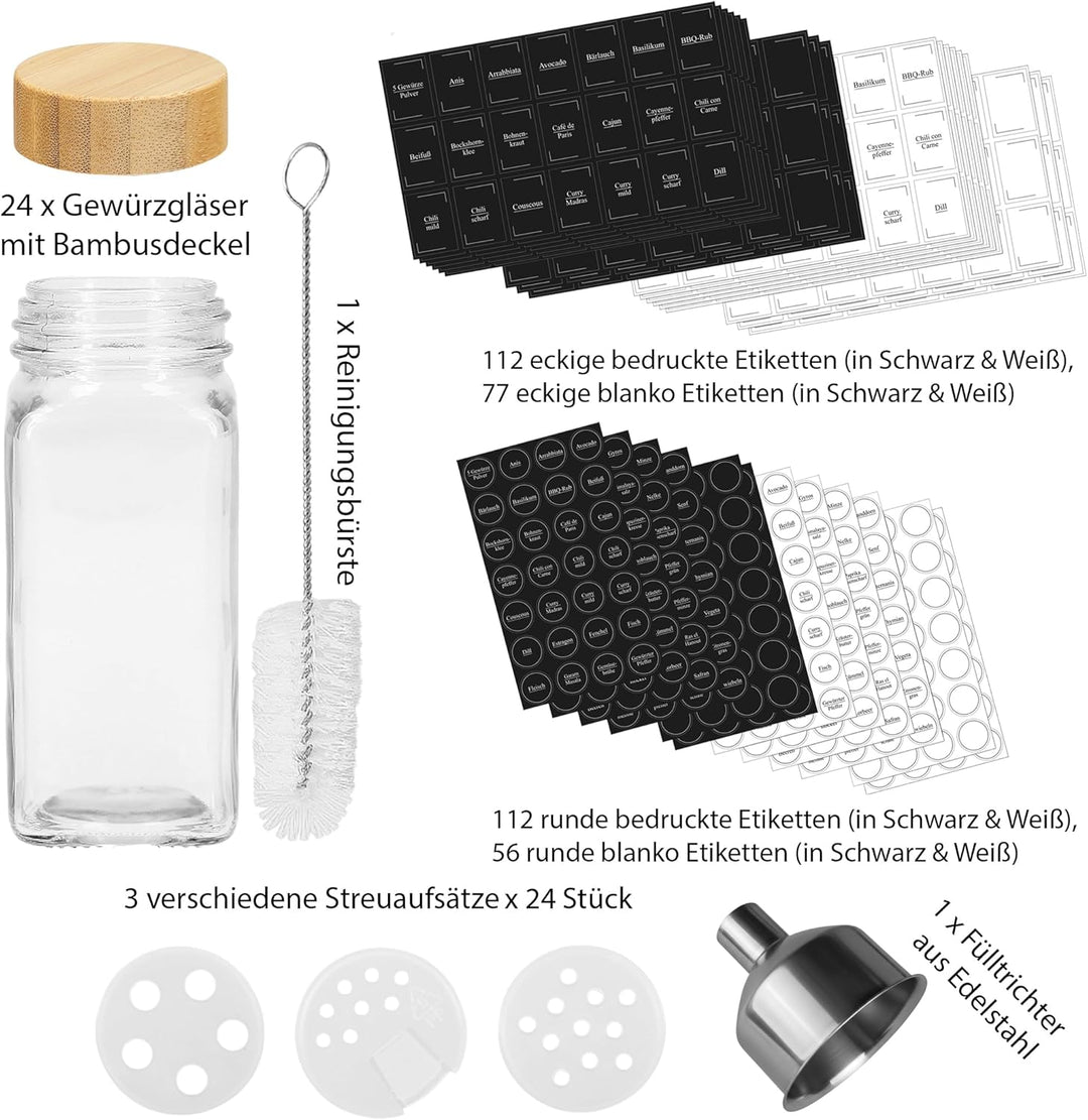 VonBueren Gewürzgläser eckig mit Bambusdeckel | Set mit 24 x 120 ml | Gewürzbehälter mit Streueinsat
