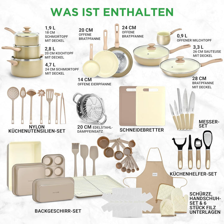 NutriChef Kochgeschirr Set 54-tlg – Pfannen, Töpfe, Küchenhelfer Taupebraun– Mit Messer, Backformen,