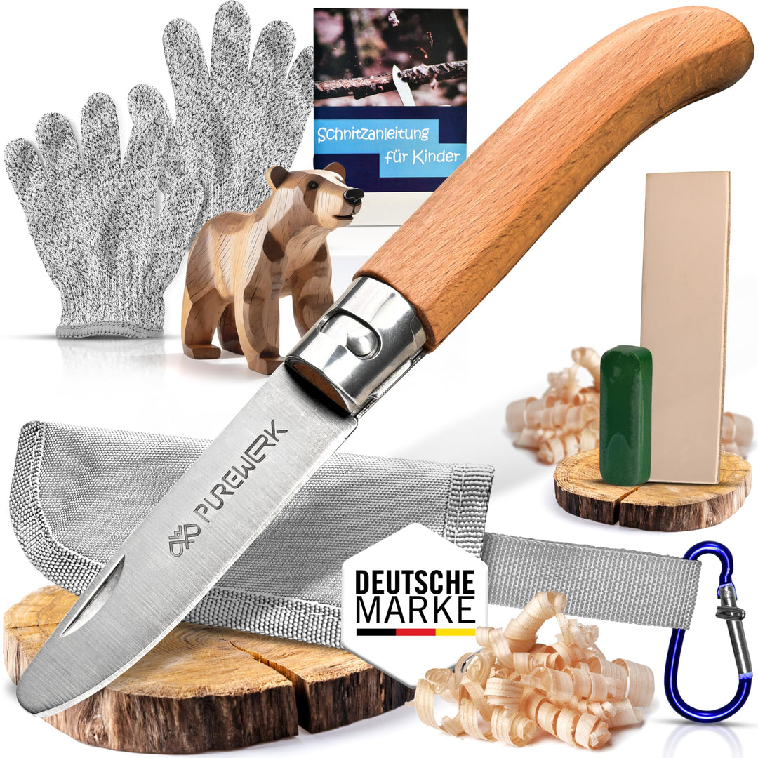 Schnitzmesser Kinder ab 6 Jahre [mit abgerundeter Spitze] - klappbares Outdoor-Taschenmesser mit Hol