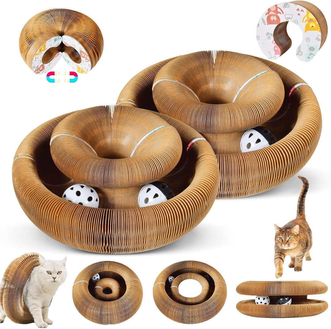 2 Pack Faltbares Katzenkratzbrett Spielzeug – Interaktives Akkordeon-Karton mit Glockenball, wendbar